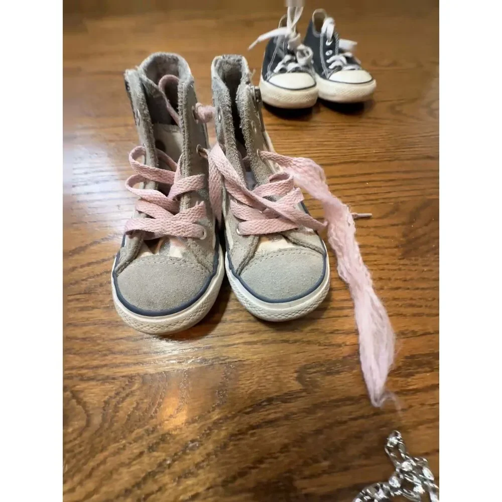 Converse Toddler Sneakers High Tops Girls Pink Polka Dot Gray Size 8 Lot (3)